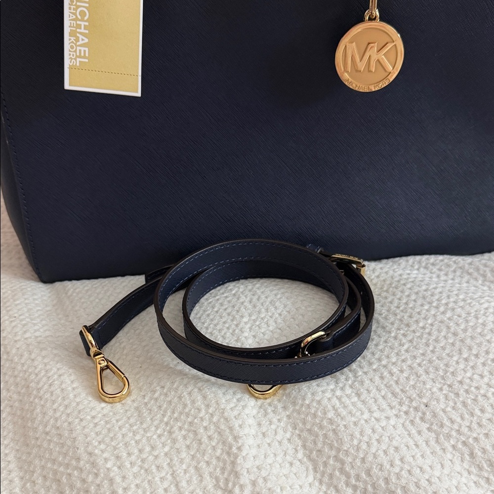 Michael Kors Navy Blue Satchel with Gold Accents - Picture 6 of 9